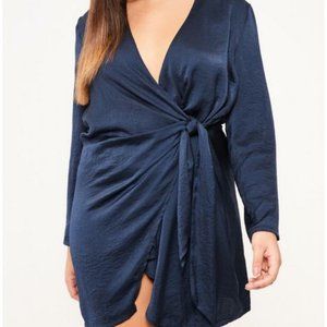 Missguided Navy Wrap Tie Waist Shirt Dress - US 18